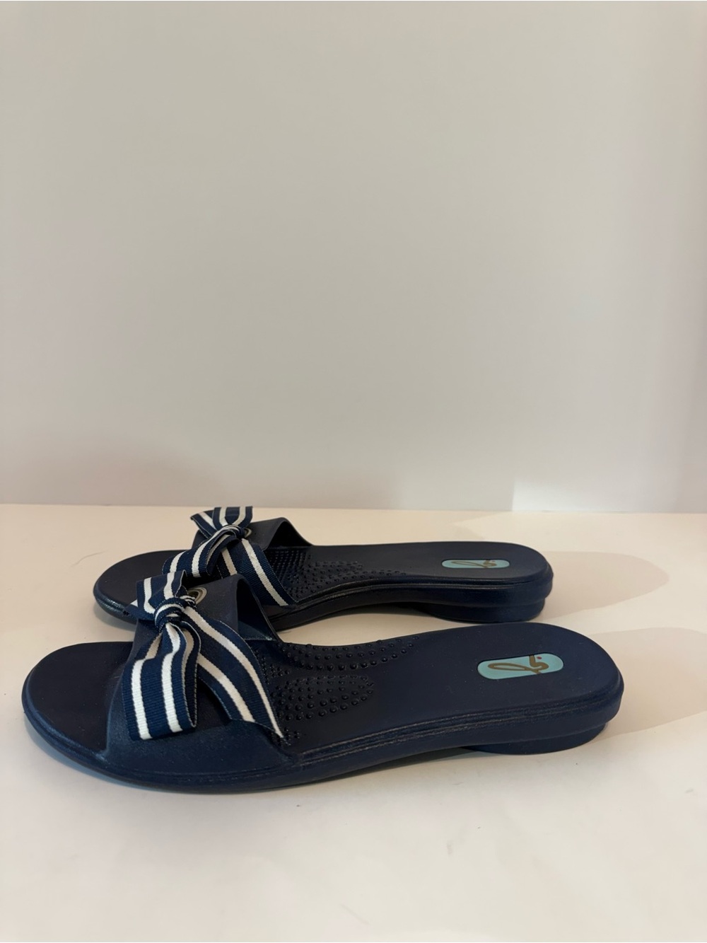 Oka B. navy slide sandals ladies striped bow slip-on flat casual summer 8